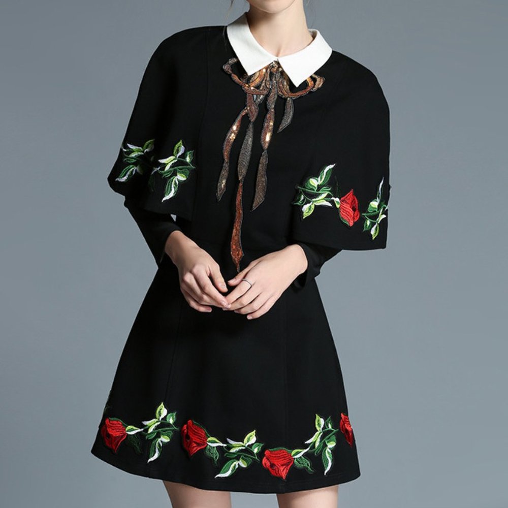 Pretty Black Dress with Rose Applique, Sequined Adornment